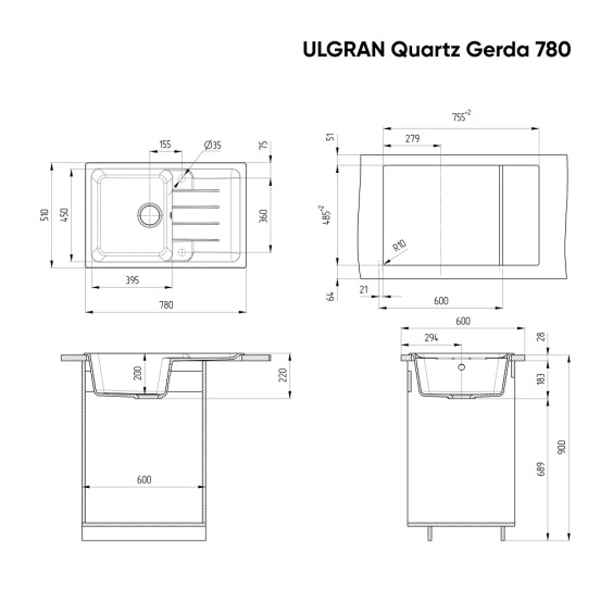 Мойка для кухни кварцевая Ulgran Quartz Gerda 780-02, Лён #2