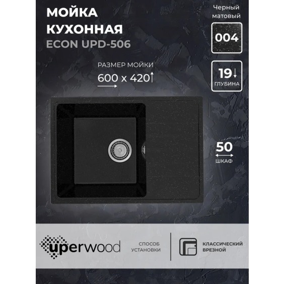 Кухонная мойка из искусственного камня Uperwood Econ UPD-506-004, прямоугольная, черная матовая #2