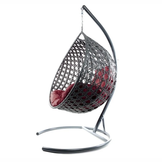Комплект подвесное кресло Капля Люкс с ротангом серое, бордовая подушка #2