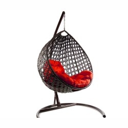 Комплект подвесное кресло Капля Люкс с ротангом коричневое, красная подушка