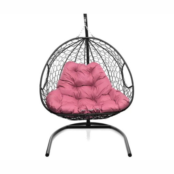 Подвесное кресло для двоих с ротангом черное, розовая подушка #1