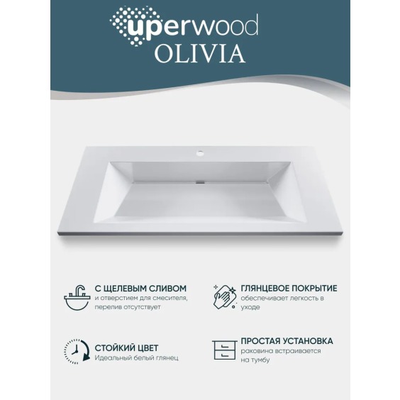 Раковина для ванной 100 см, Uperwood Olivia, с щелевым сливом, белая глянцевая #4