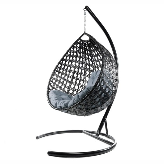 Комплект подвесное кресло Капля Люкс с ротангом черное, серая подушка #2