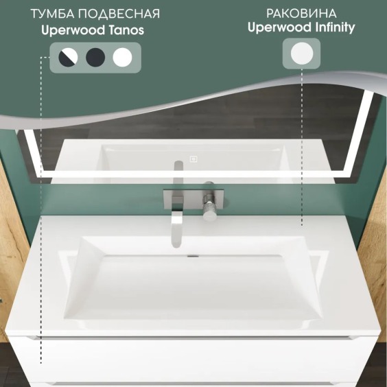 Раковина для ванной 100 см, Uperwood Infinity, без отверстия для смесителя, белая глянцевая #5