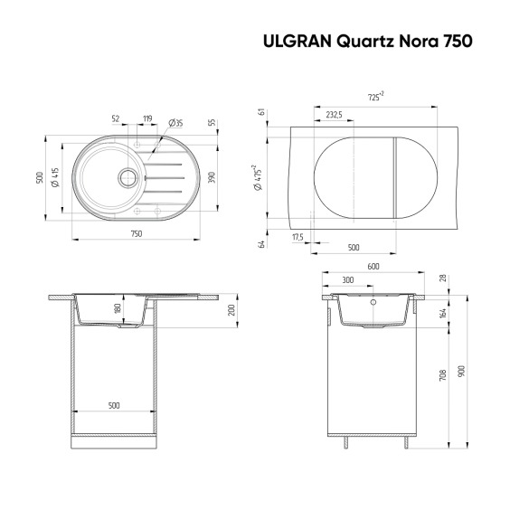 Мойка для кухни кварцевая Ulgran Quartz Nora 750-09, асфальт #3