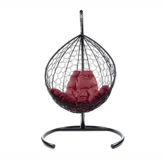 Комплект подвесное кресло Капля с ротангом черное, бордовая подушка #1