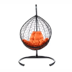 Комплект подвесное кресло Капля с ротангом черное, оранжевая подушка