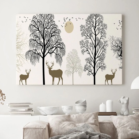 Интерьерная картина "Олени в лесу" на холсте, большая, размер 50 на 80 см #1