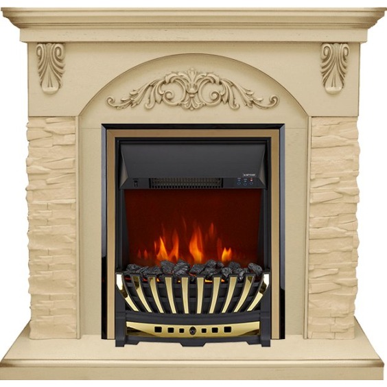 Каминокомплект Bern Сланец крупный бежевый / Алебастр темная патина с очагом Fobos FX Black #1