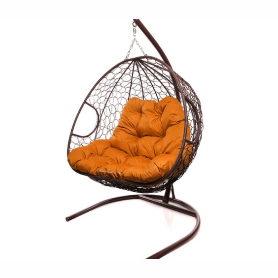 Подвесное кресло для двоих с ротангом коричневое, оранжевая подушка #2