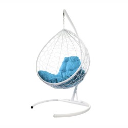 Комплект подвесное кресло Капля с ротангом белое, голубая подушка