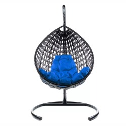 Комплект подвесное кресло Капля Люкс с ротангом черное, синяя подушка