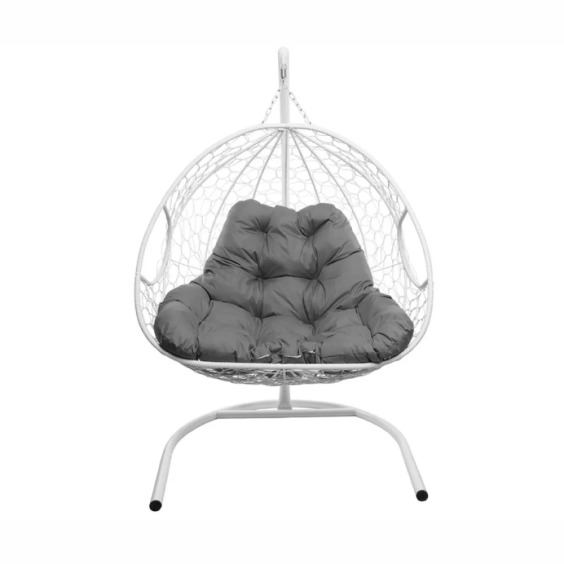 Подвесное кресло для двоих с ротангом белое, серая подушка #1 Подвесное кресло для двоих с ротангом белое, серая подушка #1
