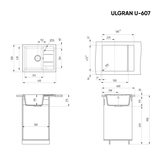 Мойка для кухни из искусственного камня Ulgran U-607-345, шоколад #3