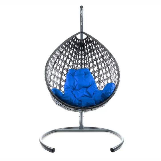 Комплект подвесное кресло Капля Люкс с ротангом серое, синяя подушка #1