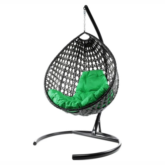 Комплект подвесное кресло Капля Люкс с ротангом черное, зеленая подушка #2