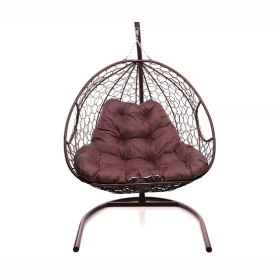 Подвесное кресло для двоих с ротангом коричневое, бордовая подушка #1