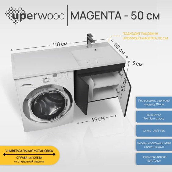 Тумба под стиральную машину подвесная Uperwood Magenta 45х50х55 см, черная, с дверцами #4
