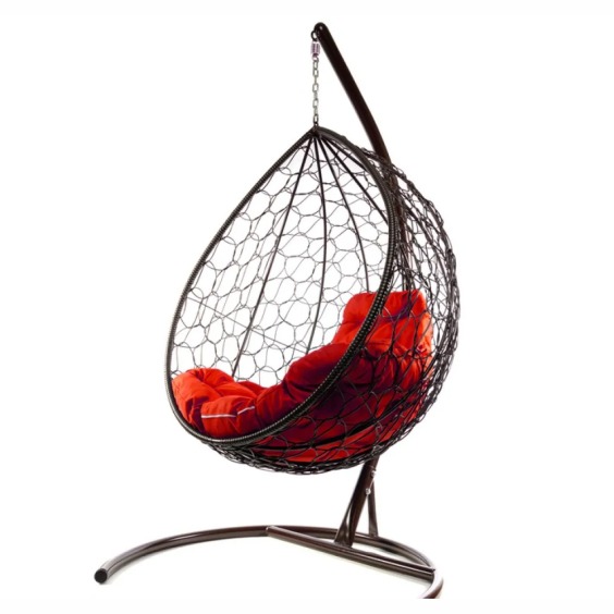 Комплект подвесное кресло Капля с ротангом коричневое, красная подушка #2