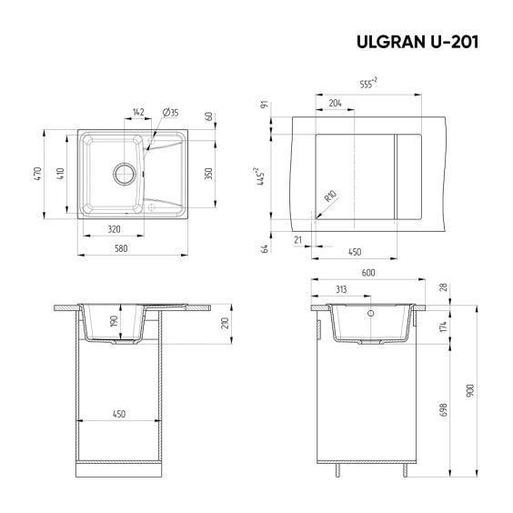 Мойка для кухни из искусственного камня Ulgran U-201-345, шоколад #3