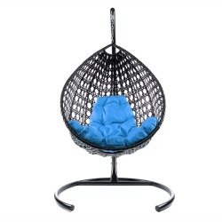 Комплект подвесное кресло Капля Люкс с ротангом черное, голубая подушка