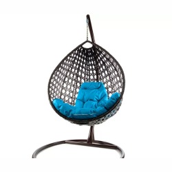 Комплект подвесное кресло Капля Люкс с ротангом коричневое, голубая подушка