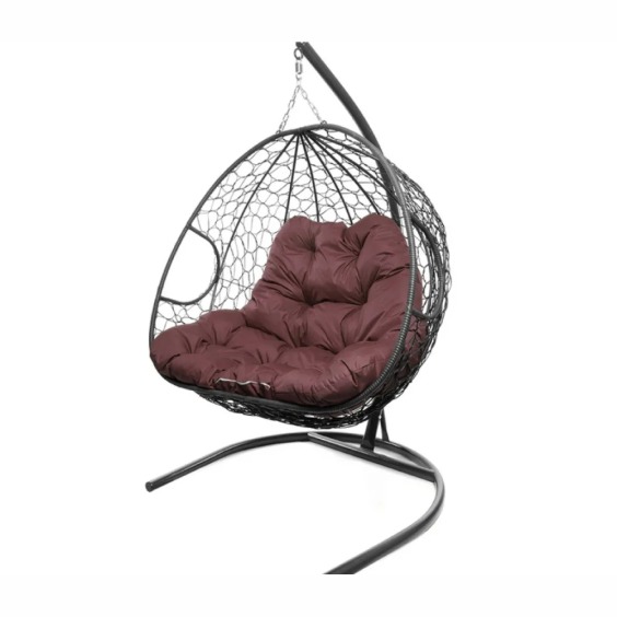 Подвесное кресло для двоих с ротангом серое, бордовая подушка #2