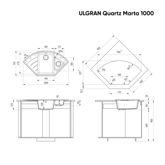 Мойка для кухни кварцевая Ulgran Quartz Marta 1000-01, жасмин #3