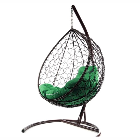 Комплект подвесное кресло Капля с ротангом коричневое, зеленая подушка #2