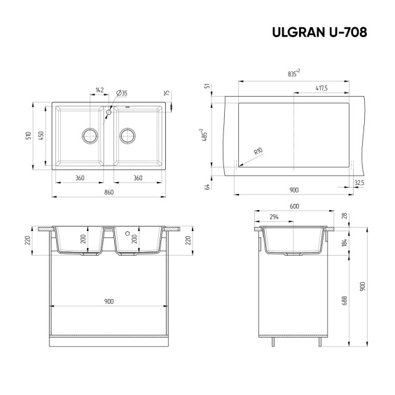 Мойка для кухни из искусственного камня Ulgran U-708-341, ультра-белый #2