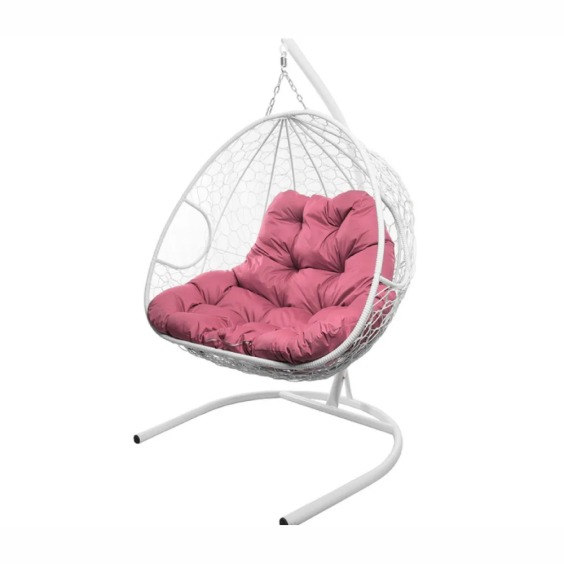 Подвесное кресло для двоих с ротангом белое, розовая подушка #2
