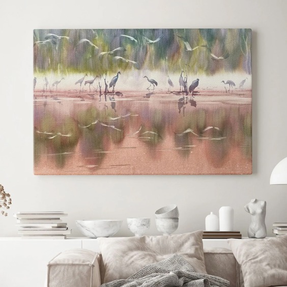 Интерьерная картина "Журавли на озере" на холсте, большая, размер 80х115 см #1