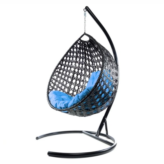 Комплект подвесное кресло Капля Люкс с ротангом черное, голубая подушка #2