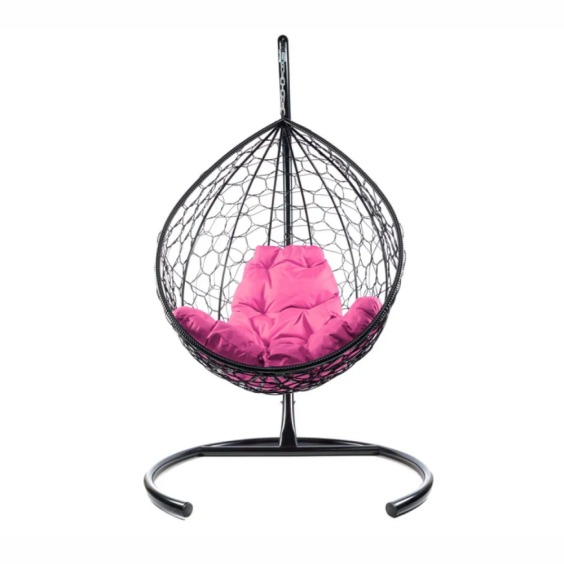 Комплект подвесное кресло Капля с ротангом черное, розовая подушка #1