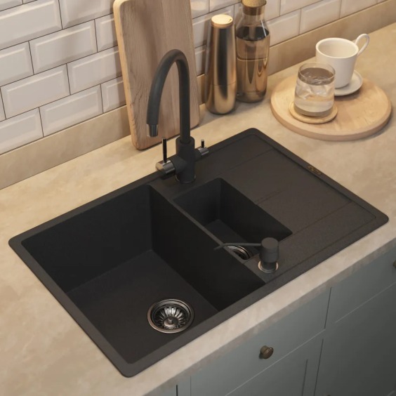 Кухонная мойка кварцевая Uperwood Quartz UPD-05-04, прямоугольная двухсекционная, черная #6