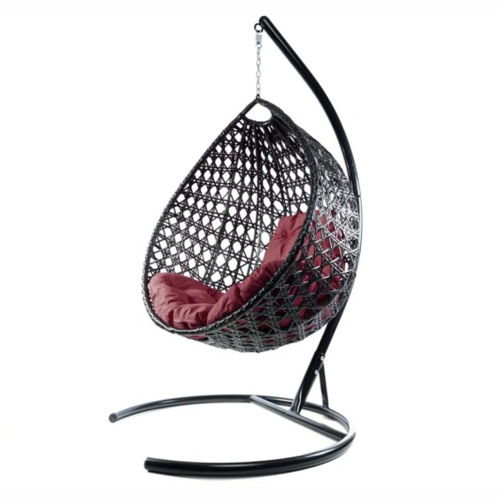 Комплект подвесное кресло Капля Люкс с ротангом черное, бордовая подушка #2