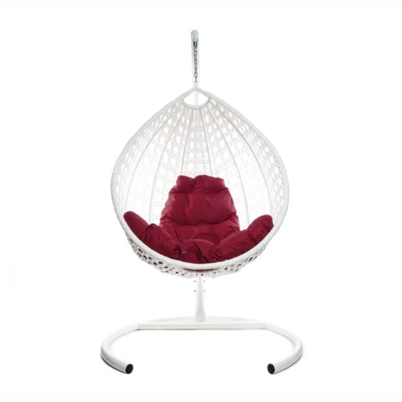 Комплект подвесное кресло Капля Люкс с ротангом белое, бордовая подушка #1