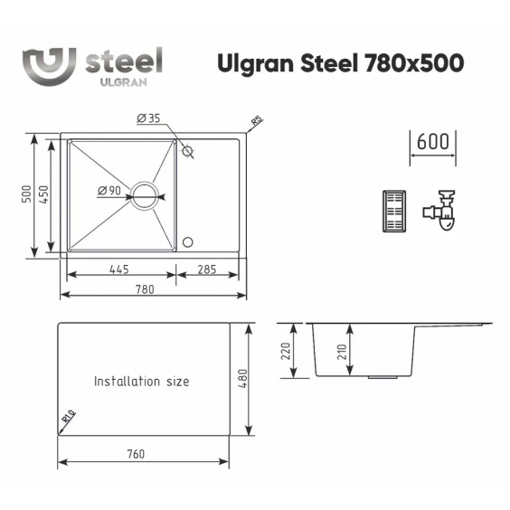 Мойка для кухни врезная стальная Ulgran Steel 78*50 см, черная брашированная сталь #8