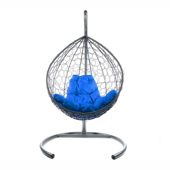 Комплект подвесное кресло Капля с ротангом серое, синяя подушка #2