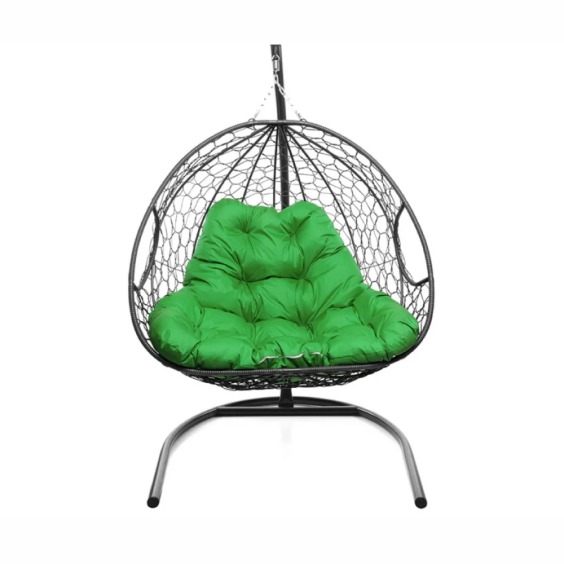Подвесное кресло для двоих с ротангом серое, зеленая подушка #1