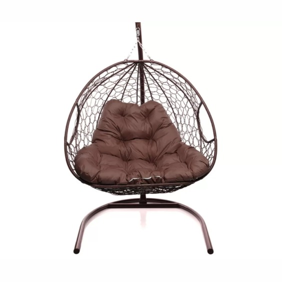 Подвесное кресло для двоих с ротангом коричневое, коричневая подушка #1