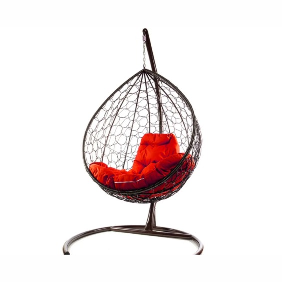 Комплект подвесное кресло Капля с ротангом коричневое, красная подушка #1