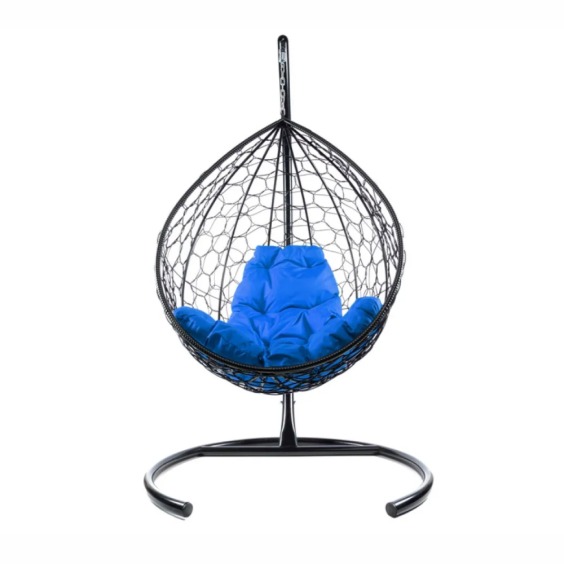 Комплект подвесное кресло Капля с ротангом черное, синяя подушка #1