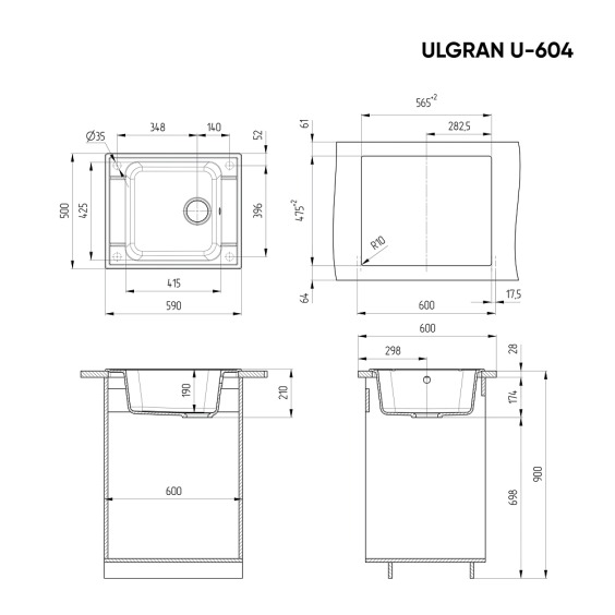 Мойка для кухни из искусственного камня Ulgran U-604-343, антрацит #2