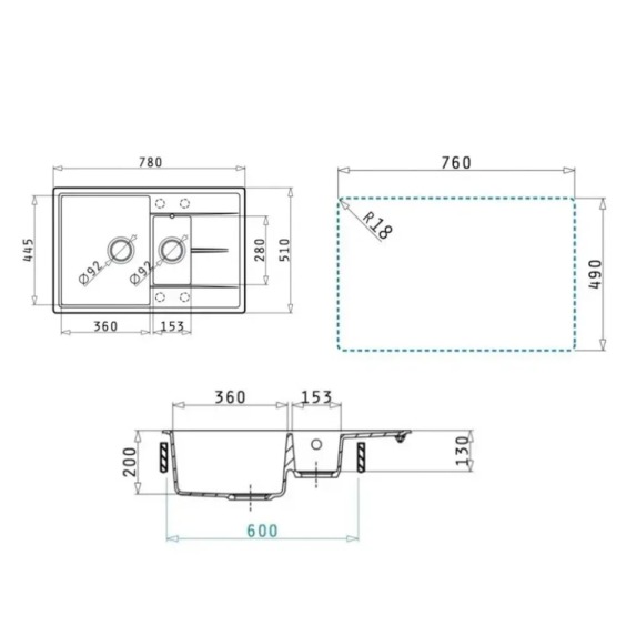 Кухонная мойка кварцевая Uperwood Quartz UPD-05-02, прямоугольная двухсекционная, бежевая #8