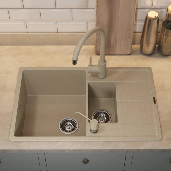 Кухонная мойка кварцевая Uperwood Quartz UPD-05-02, прямоугольная двухсекционная, бежевая #6