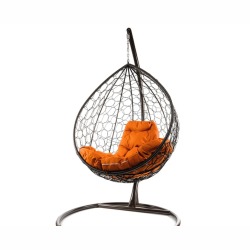 Комплект подвесное кресло Капля с ротангом коричневое, оранжевая подушка
