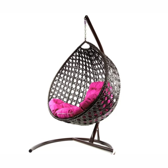Комплект подвесное кресло Капля Люкс с ротангом коричневое, розовая подушка #2