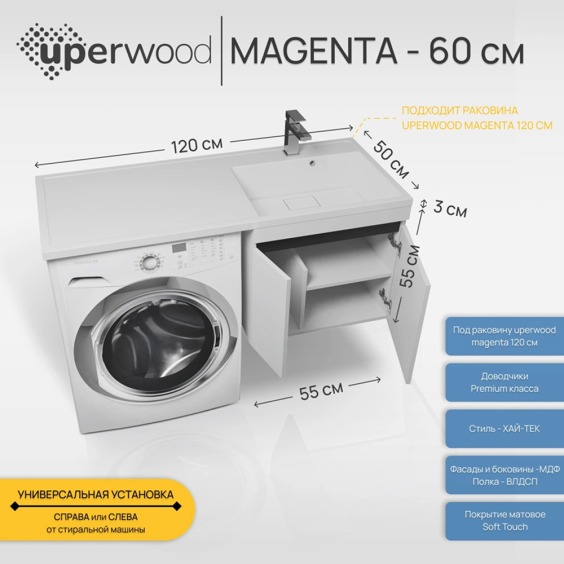 Тумба под стиральную машину подвесная Uperwood Magenta 55х50х55 см, белая/графит, с дверцами #4