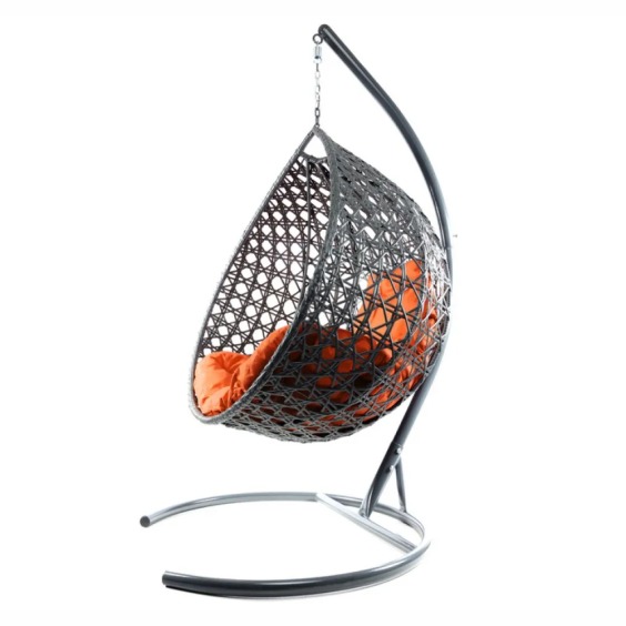 Комплект подвесное кресло Капля Люкс с ротангом серое, оранжевая подушка #2